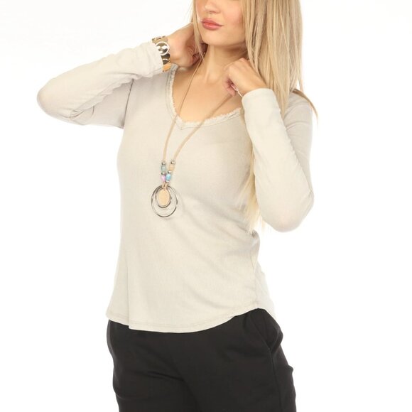 Beige 100% Cotton V Fringe Neck Top - Picture 5 of 6